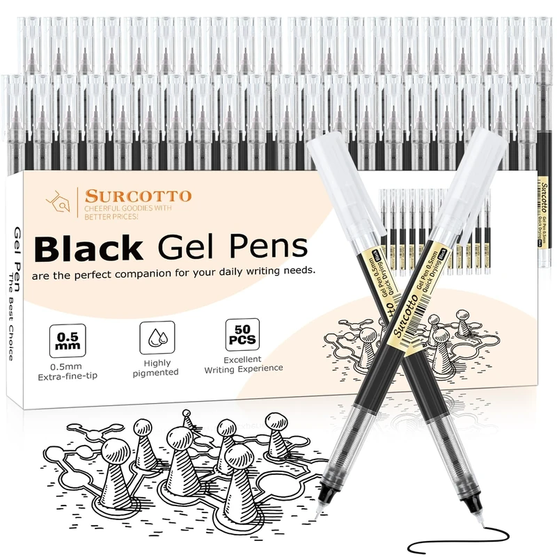 Surcotto Gel Pens, 50pcs 0.5mm Black Gel Ink Pens, Ultra-Fast Drying, Gel Pen for Writing, Drawing, and Outlining, Black Pens for Student, office worker etc.