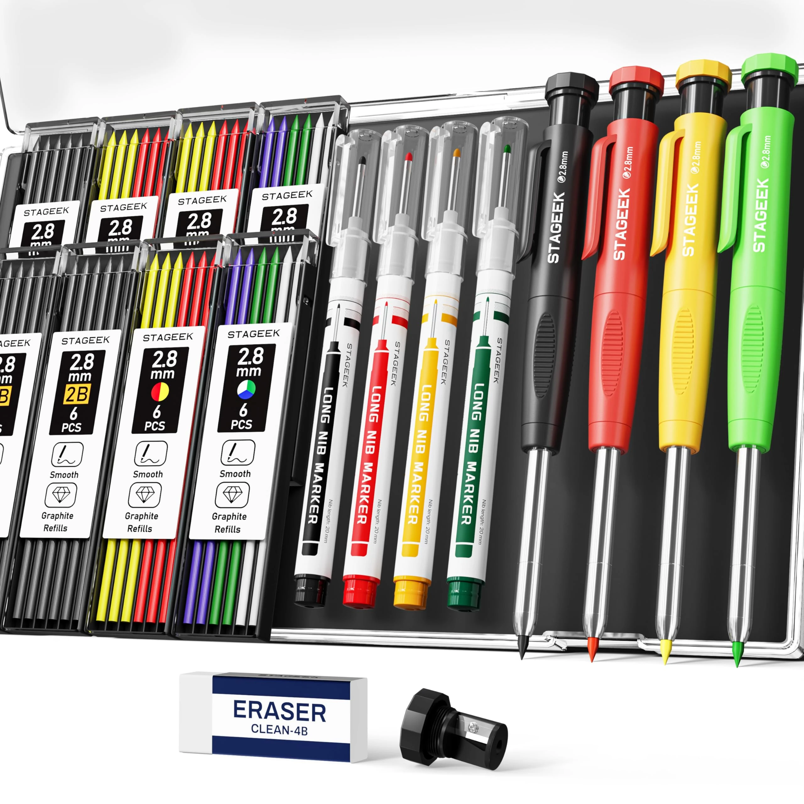 STAGEEK 4PCS Carpenter Pencils with Sharpener, Heavy Duty Woodworking Pencils, Mechanical Carpenter Pencil with 52 Refills, Deep Hole Long Nib Marker Pens for Architect Construction Marking with Case