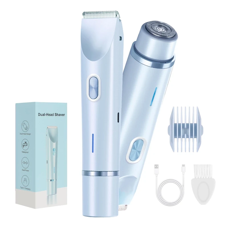 Glow Aura Bikini Shaver - Electric Bikini Trimmer for Women, 2-in-1 Women's Body Trimmer，Painless Hair Removal for Face, Body & Intimate Areas (Blue)