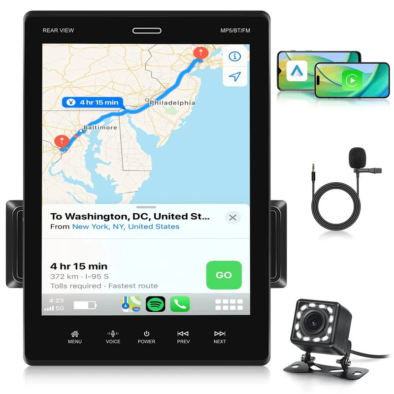 Single Din Carplay Car Stereo Android Auto HD Screen-9.5 Inch Touchscreen Car Radio with D-Play Bluetooth Mirror Link Backup Camera/USB/AUX/EQ/FM//Voice Control Siri Single Din Screen for Car