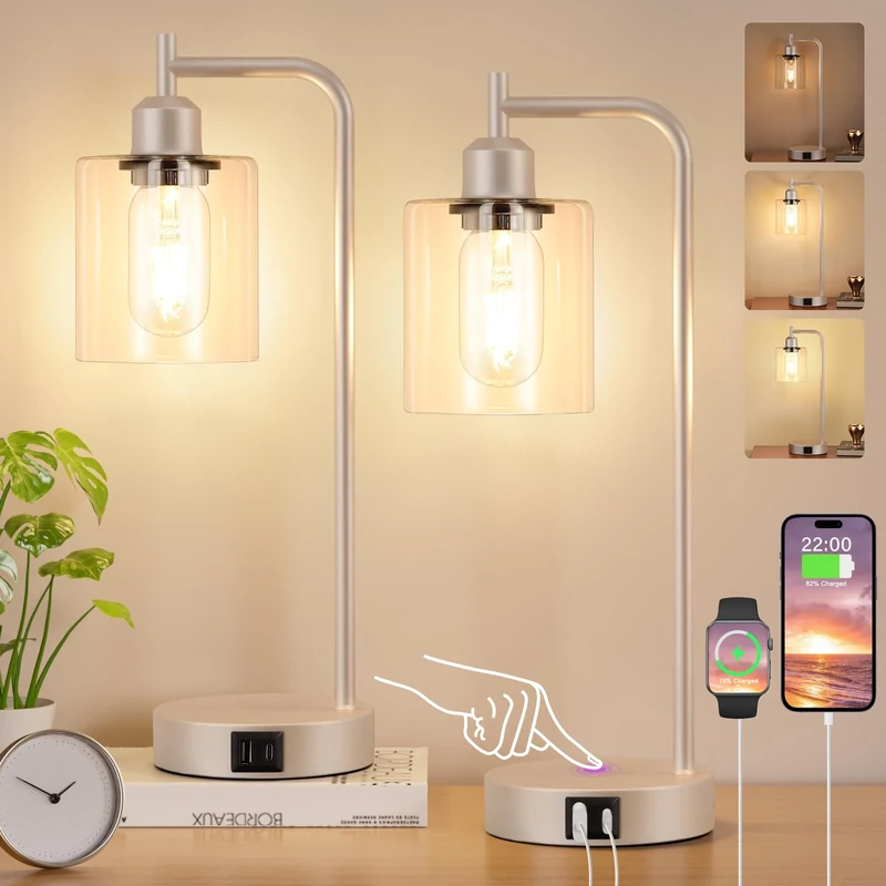 Aooshine Industrial Touch Lamps Bedside, Champagne Gold Bedside Lamps with Clear Glass Shade for Living Room(Bulbs Included)