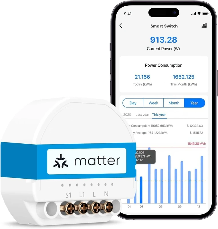 Meross Matter Smart Light Switch with Energy Monitor, Wireless Relay WiFi Switch Works with Matter/Alexa/HomeKit/Google Home, Smart Switch Module Voice & Remote Control, Neutral Wire Required