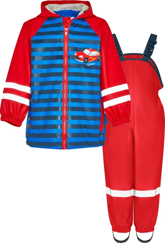 Playshoes Unisex Children's Rain Set Rain Dungarees Rain Suit (Pack of 2), Racing Car Red, 98