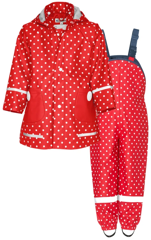 Playshoes Two Piece Waterproof Rain Suit Mud Suit, Red dots, 92