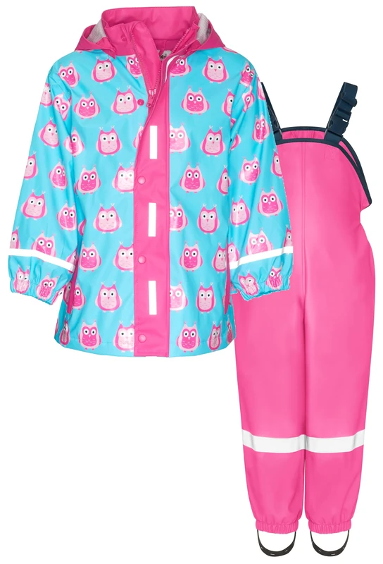 Playshoes Two Piece Waterproof Rain Suit Mud Suit, Owl Pink, 104