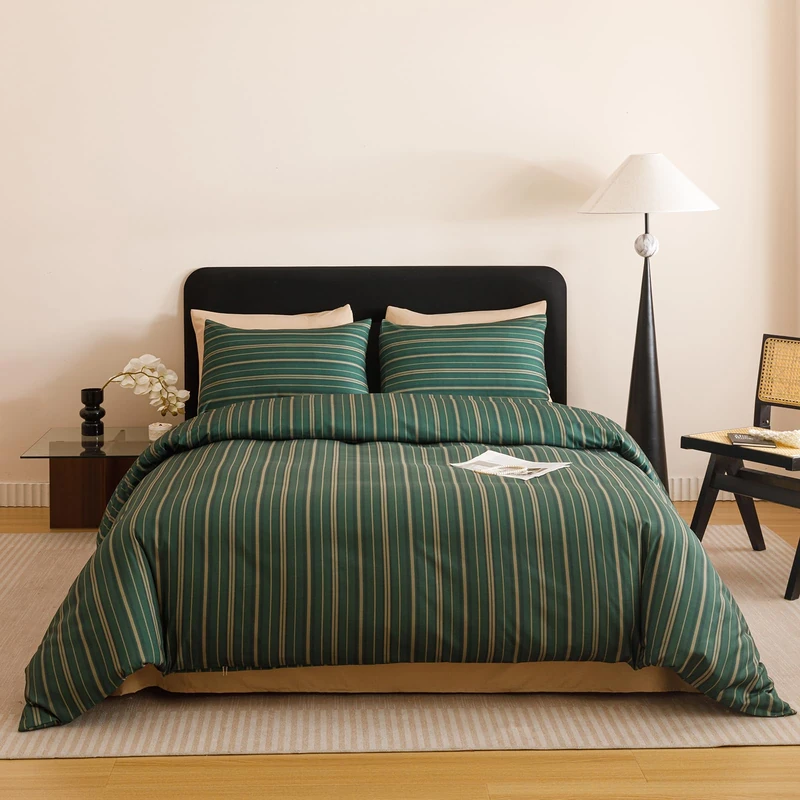 karever Green Stripes Comforter Full Vertical Ticking Striped Dark Green Bedding Set Durable Chic and Stylish Bedroom Set