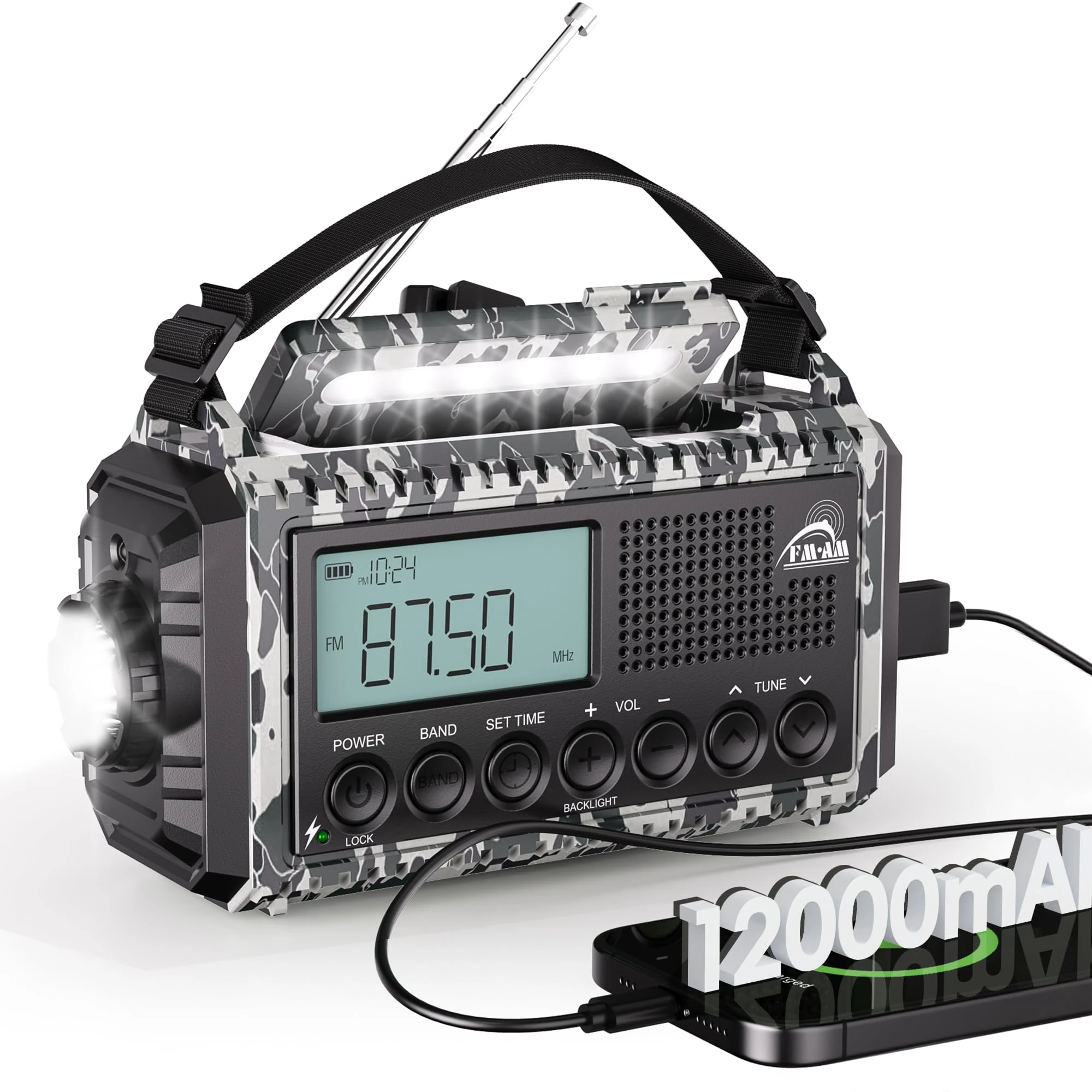 Emergency Hand Crank & Solar Powered Radio with USB Phone Charger, 12000mAh Battery, AM/FM/SW, SOS Alarm, and Flashlight – Portable Survival Radio for Outdoor Adventures (Camouflage Gray)