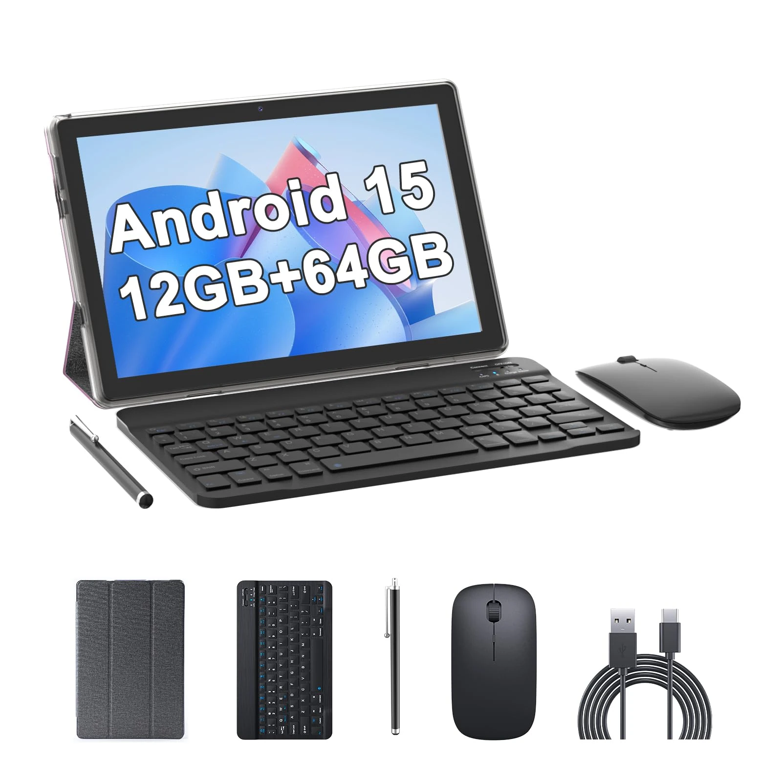10 Inch Tablet Android 15(NOT GO) Tablets with keyboard 64GB ROM+12GB RAM(4+8 expansion) Supports 1TB Expansion 2MP+8MP Dual Camera 6000mAh 5G WiFi6 Tableta, Tablets with Mouse/Case/Stylus/USB-C Cable