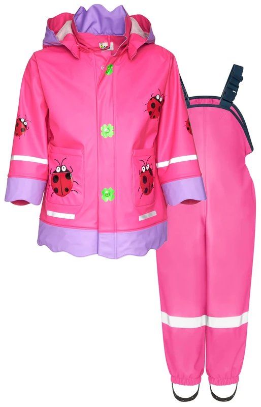 Playshoes Two Piece Waterproof Rain Suit Mud Suit, Lucky Beetle Pink, 104