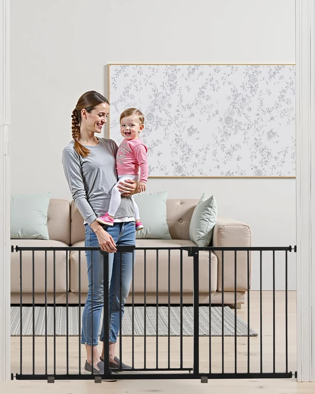 VEVOR Baby Gate, 60.6-63.3 Inches Adjustable Width, 30 Inches High Dog Gate, Easy Step Walk Thru, for Child Pet Security, Pressure Mount Kit, Wall Cups, One-Hand Open, for Stairs and Doorways, Black