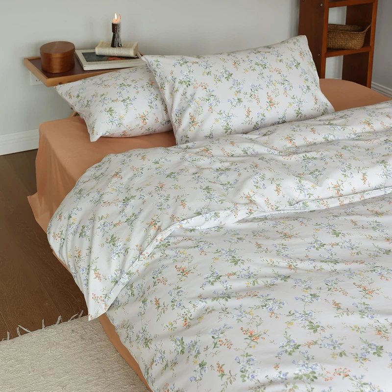 EAVD Vintage Style Garden Floral Comforter Set Full Soft Microfiber Chic Shabby Green Leaves Colorful Floral Bedding Set with 2 Pillowcases Fresh Botanical Comforter Set for All-Season