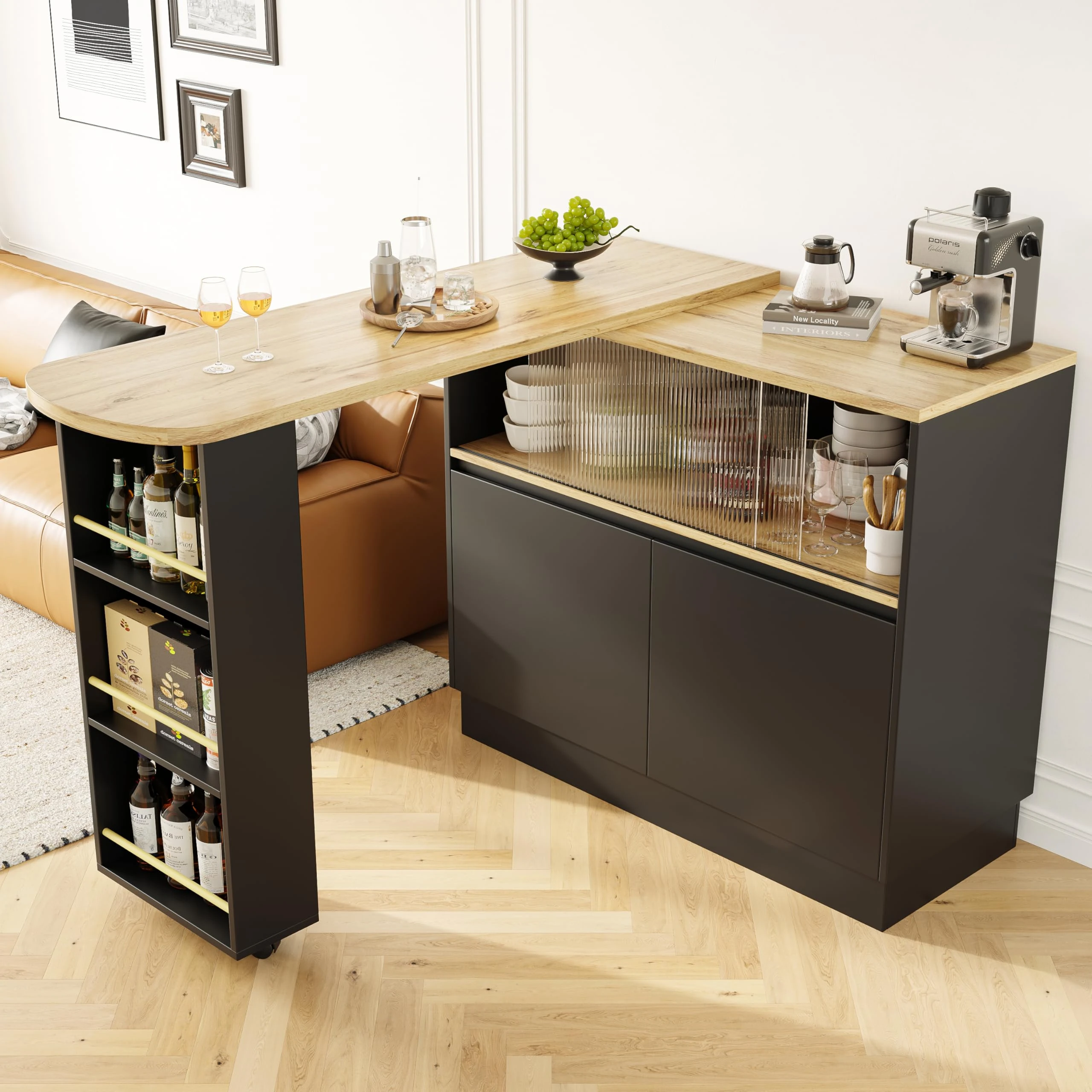 ModernLuxe Kitchen Island with Open Shelves and Cabinets, 360° Rotating Bar Table, Multifunctional Kitchen Storage with Elegant Sliding Glass Doors, Various Storage Options, Black, 120x45x103cm