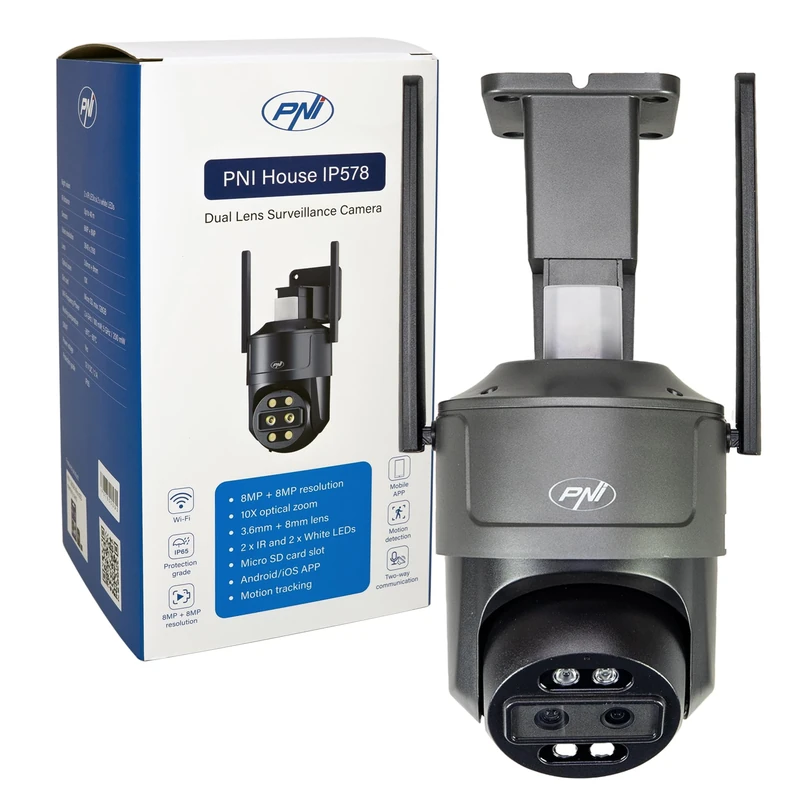 PNI House IP578 video surveillance camera with Wi-Fi, PTZ, dual lens 8MP + 8MP, 10X optical zoom