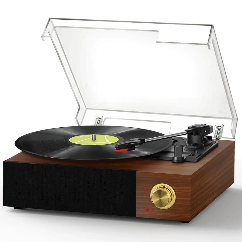 FYDEE Record Player - 5.4 Bluetooth Receiver | 3 Vinyl Sizes | Built-in 2 Stereo Speakers | 33/45/78 RPM | RCA Output Turntable | Belt-Drive Vinyl Record Player | Teak