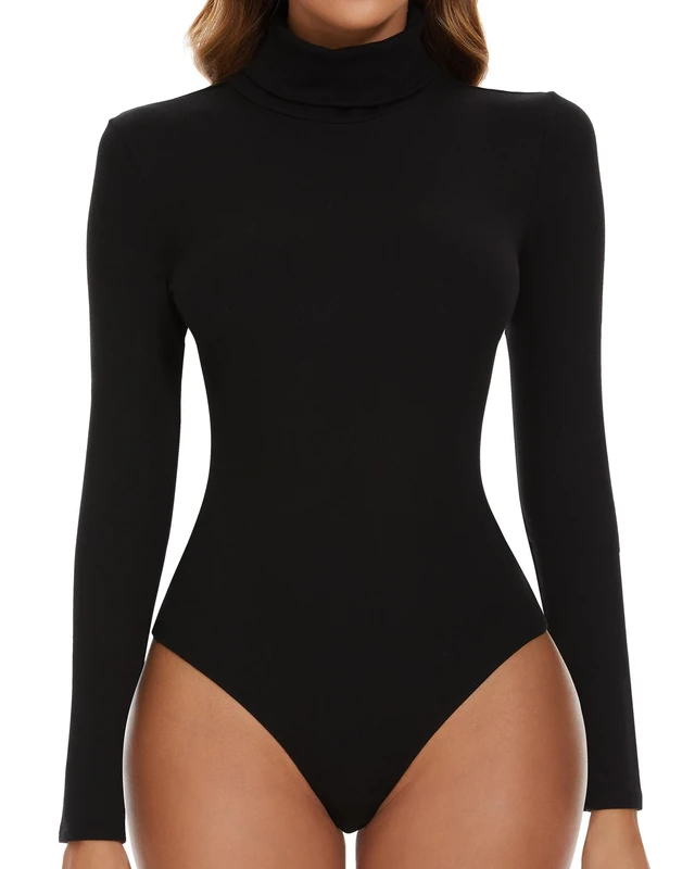 SHAPERIN Bodysuit Turtle Neck Women Long Sleeve Body Suit Women's Bodysuits Tops Leotard One Piece Jumpsuit Top Elegant Black M