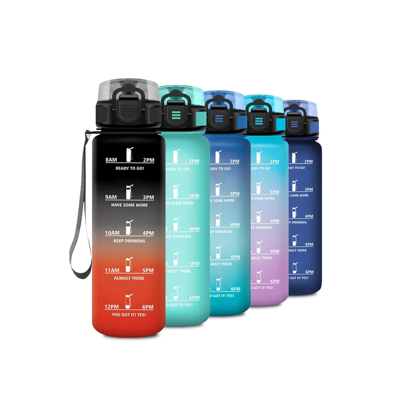Sports Water Bottle, 1 Litre, Motivational Water Bottle with Time Marking, Leak-Proof, Sports Water Bottle with Filter, Suitable for Carbonated Drinks, Sports Bottle for Fizz, Bike, Running, Adults