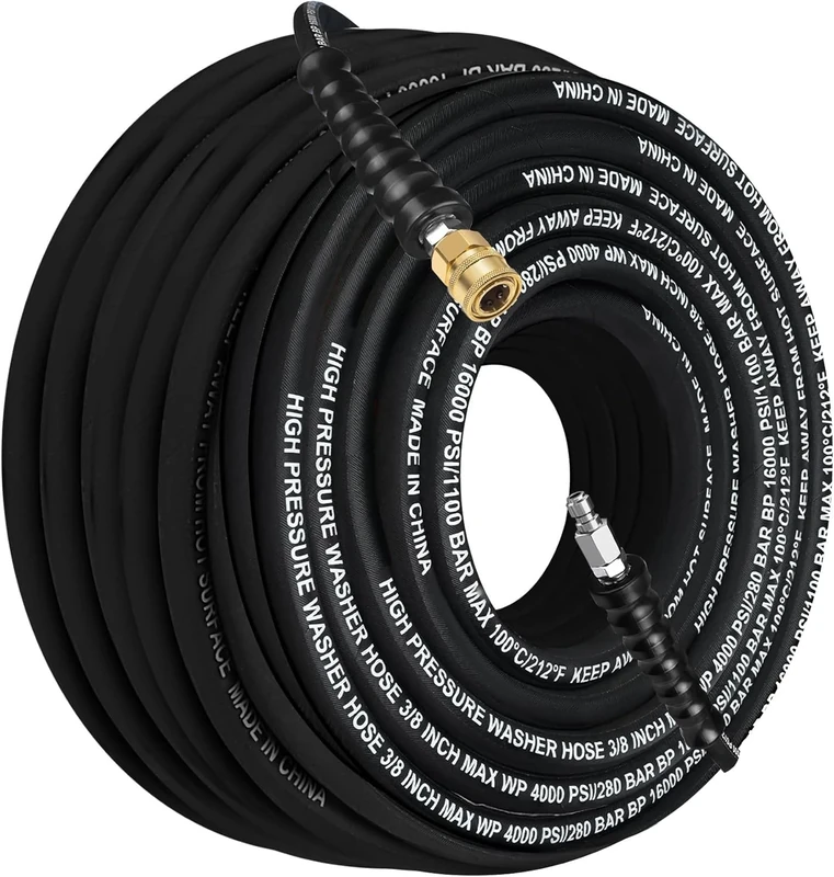 50FT 3/8" High Pressure Washer Hose, 4000 PSI Non-Marking Rubber, Hot Water Ready, Durable Brass Fittings, Ufixed Power Washer Hose (Black)