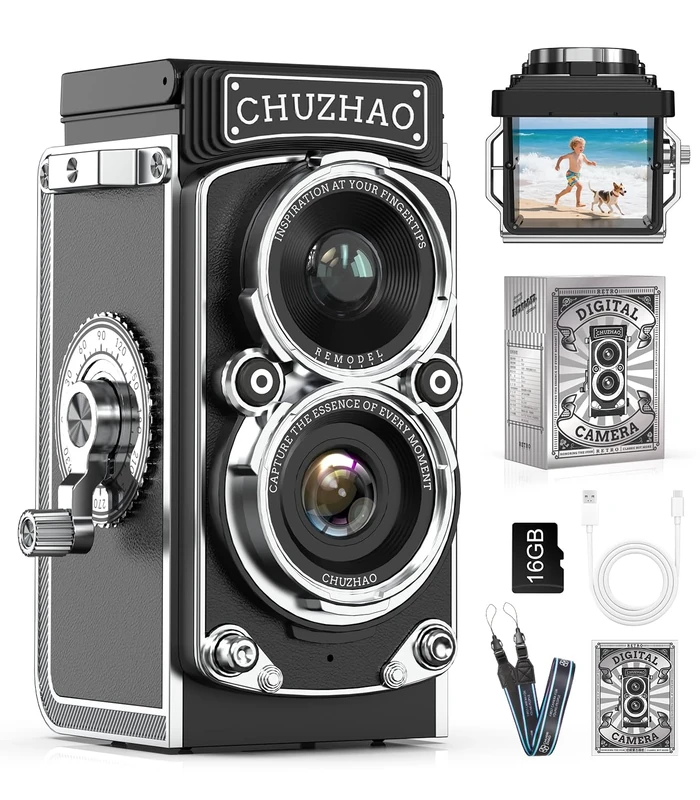 CHUZHAO Mini Retro Digital Camera Vintage Camera Twin Lens Reflex 1080P 12MP Autofocus Compact Cameras with 16GB Card Small Digital Retro Cameras for Kids Boys Girls Teen Students Beginner Gift