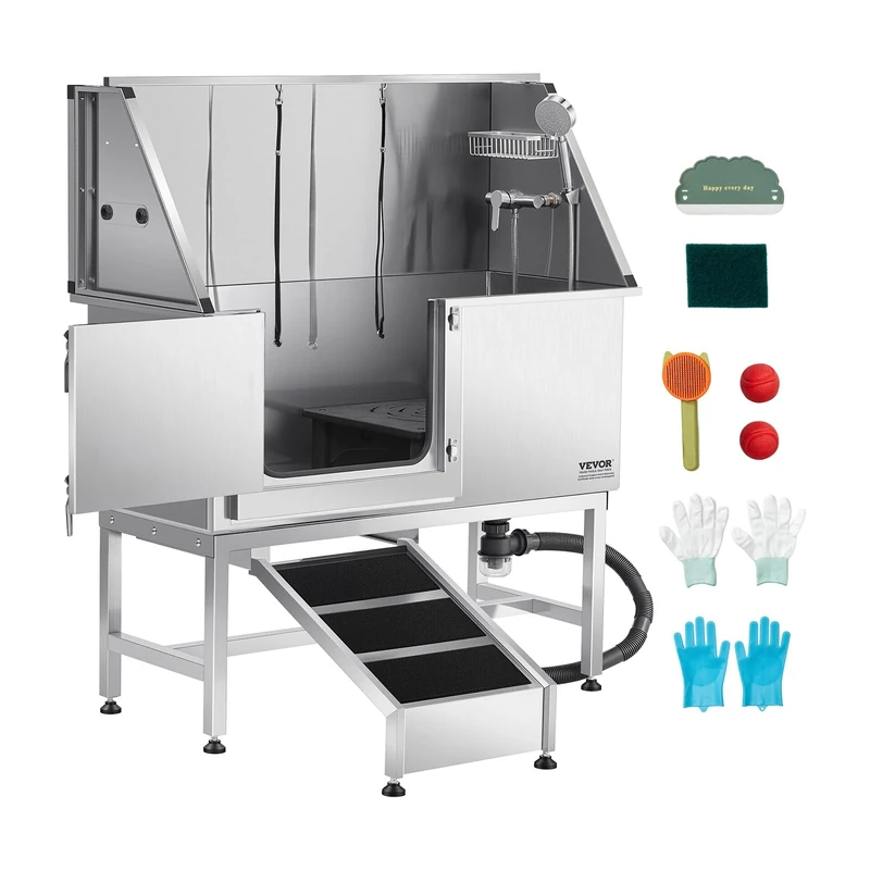 VEVOR Stainless Steel Dog Washing Station, 127 cm Pet Grooming Tub w/Ramp, PE Water Filter Board, Faucet & Showerhead & Soap Holder Dog Bathtub for Large & Medium & Small Pets (Left Door)