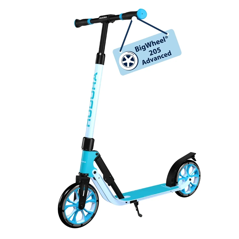 HUDORA BigWheel® 205 Advanced Scooter - azure - Comfortable aluminium scooter for up to 100kg - Height-adjustable & foldable city scooter - Kick scooter for children/teenagers & adults