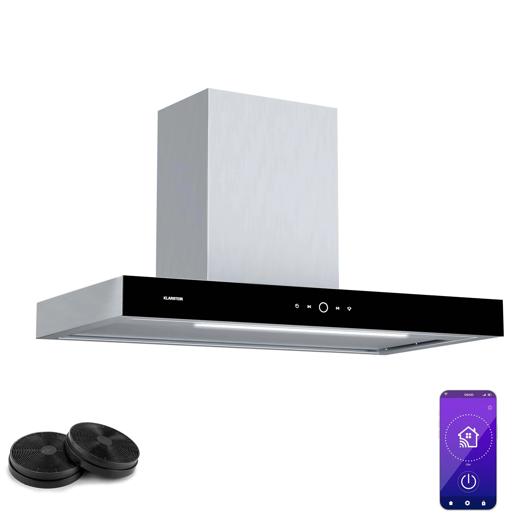 Klarstein SmartEdge Cooker Hood - 90cm Kitchen Extractor, WiFi & Touch Control, 550 m³/h Air Flow, A+ Energy Efficiency, Quiet 34 dB, LED Lighting, Stainless Steel, Exhaust & Recirculating