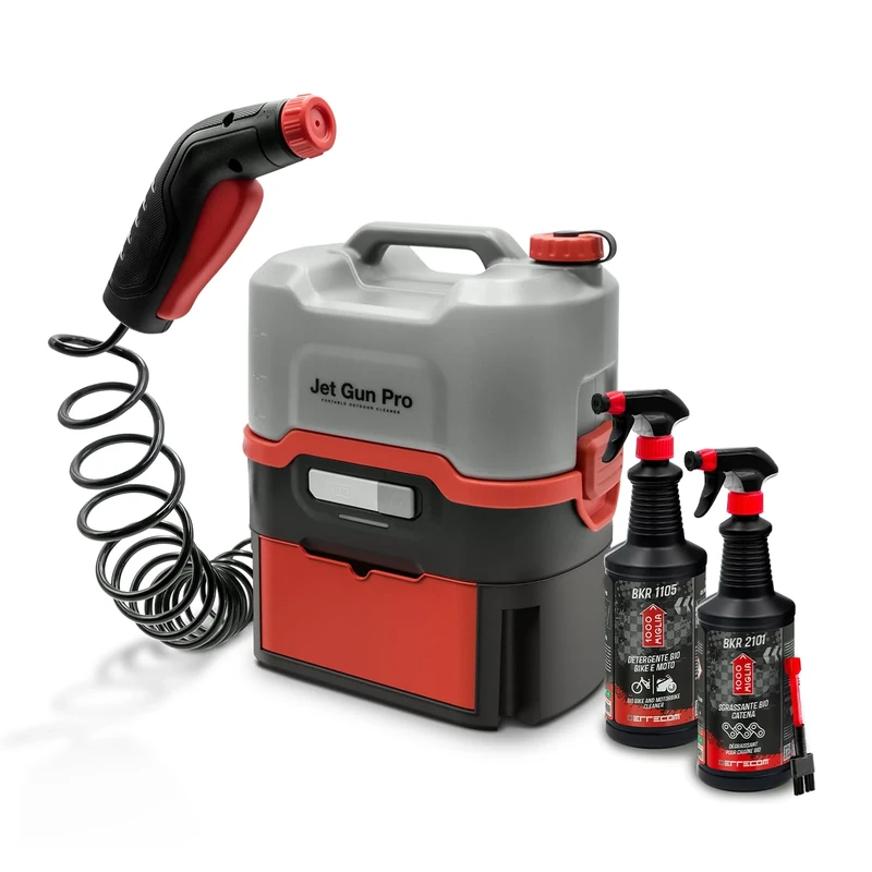 ERRECOM 1000 Miglia BIO Cleaning Kit for Bikes: JET GUN PRO+Portable High Pressure Cleaner with 8 L Water Tank,BKR 1105 BIO Bike Cleaner 1L Spray Bottle,BKR 2101 BIO Chain Degreaser 1L Spray Bottle - Image 1