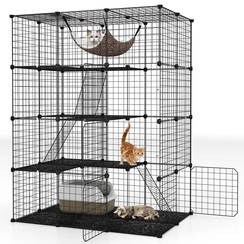 FANTASK Cat Cage 4-Tier Large Cat Run with Hammock, 3 Ladders, 4 Doors & Skylights, Removable Kennel, Black (109.5 x 74 x 142 cm)