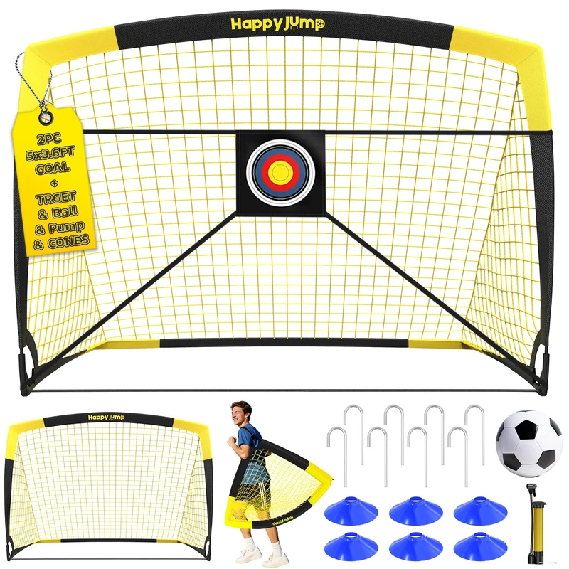 Happy Jump Set of 2 Portable Pop Up Football Goals 5x3.6FT – with Target Sheet, Ball, Pump & Cones | Weatherproof Football Nets for Garden & Outdoor Training