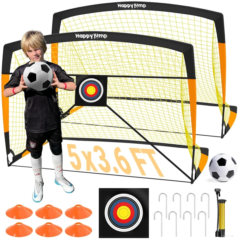 Happy Jump Set of 2 Pop-Up Football Goals – 5x3.6FT Black-Orange with Target Sheet, Ball, Pump & Cones | Upgraded Portable Nets for Garden & Outdoor Training