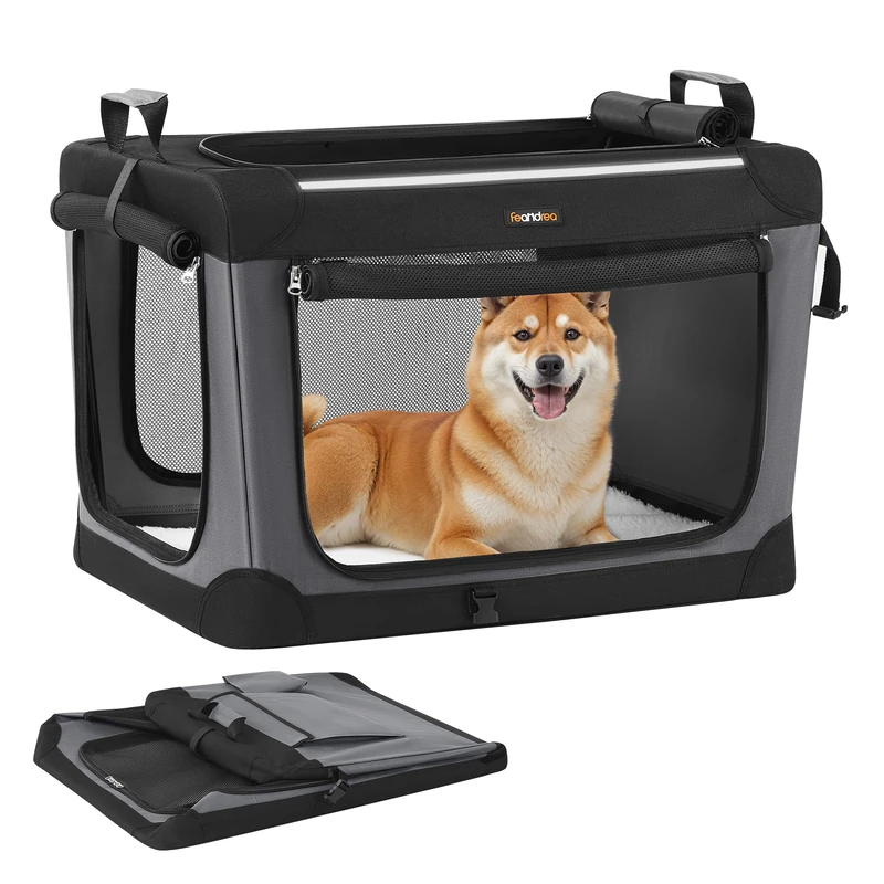 Feandrea Dog Crate Foldable 42" Large Dog Carrier Oxford Fabric with 4 Mesh Doors Handles, Food and Water Bottle Pockets Ink Black PDC021B01 - Image 1