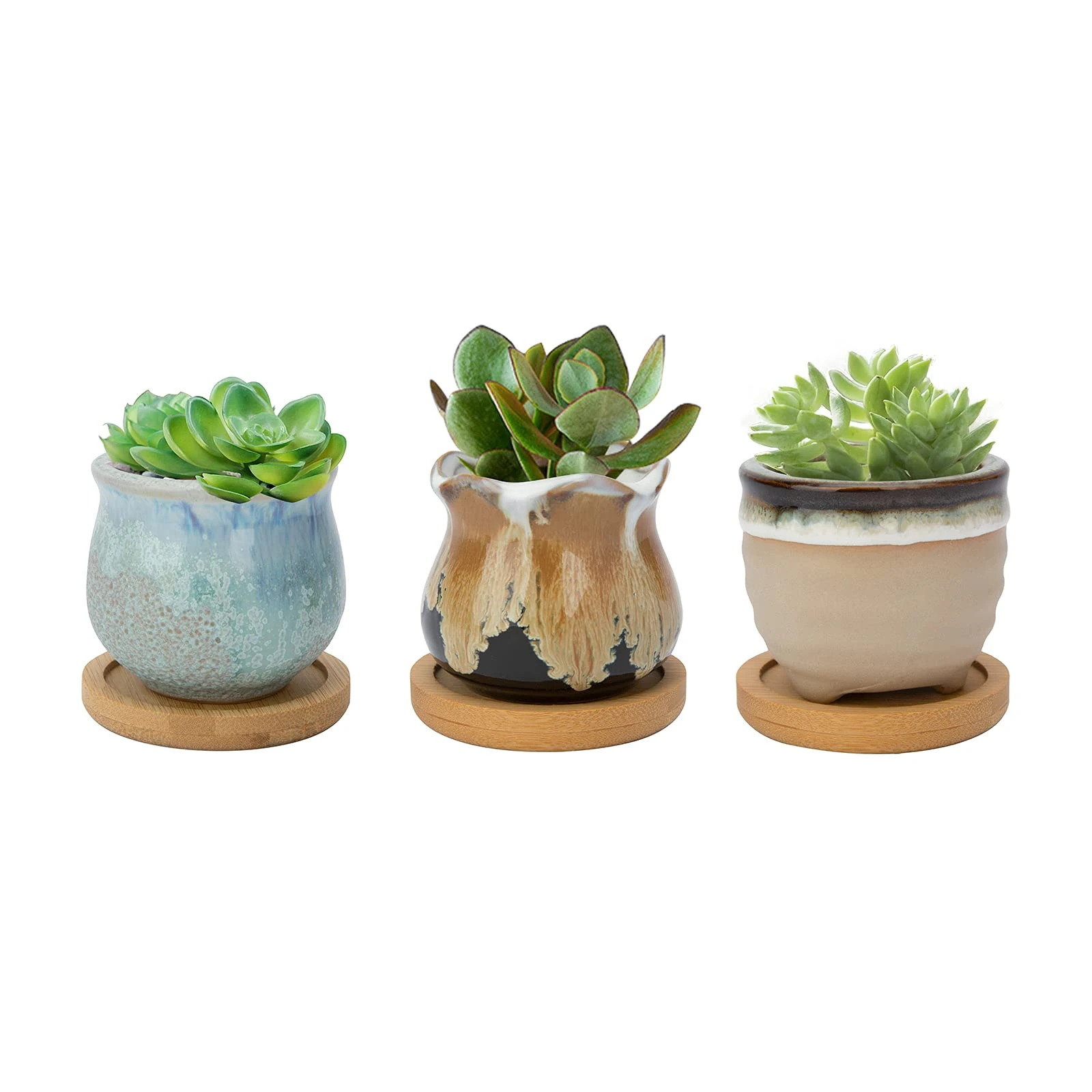 FORAGIFT 6.5CM Ceramic Succulent Plant Pot, Cactus Pots for Indoor Outdoor Plants, Small Flower Pot Flowing Glaze with Drainage and Bamboo Tray, Great for Home Decor, Set of 3 (Plants Not Included)