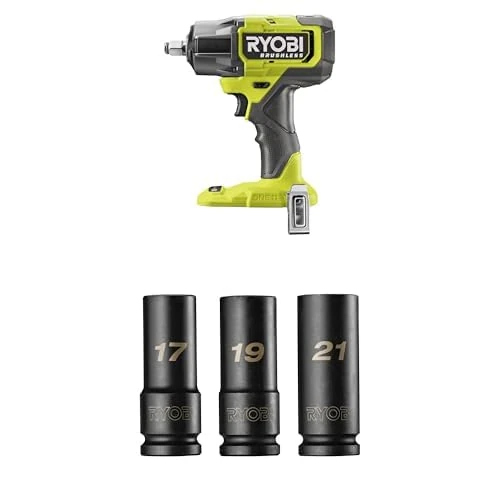 RYOBI RIW18BL-0 18V ONE+ Cordless Brushless Impact Wrench (Bare Tool) RHDIS3PC Deep Well Impact Socket Set (3 Piece)