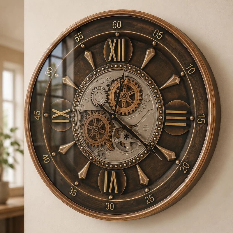 24 Inch Wall Clock with Moving Gears Large Industrial Steampunk Metal Clock Antique Gold Oversized Farmhouse Decor Wall Clock for Living Room Home Office(Gold with Roman Numerals)