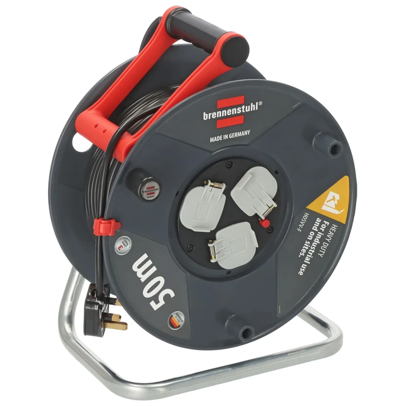 Brennenstuhl Garant Cable Reel 50m (Made in Germany, Extension Lead with 3 sockets and Thermal Cut-Out Protection, Ergonomic Handle)