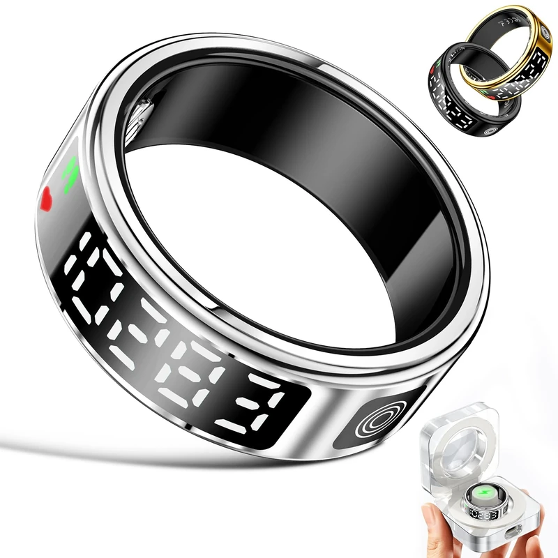 Gwenland Smart Ring for Men&Women,Fitness Tracker Ring Waterproof, Health Rings with LED Display Screen, Sleep Tracker Ring Compatible with iOS/Android Activity Tracker/Heart Rate/SpO2/Sleep/Step
