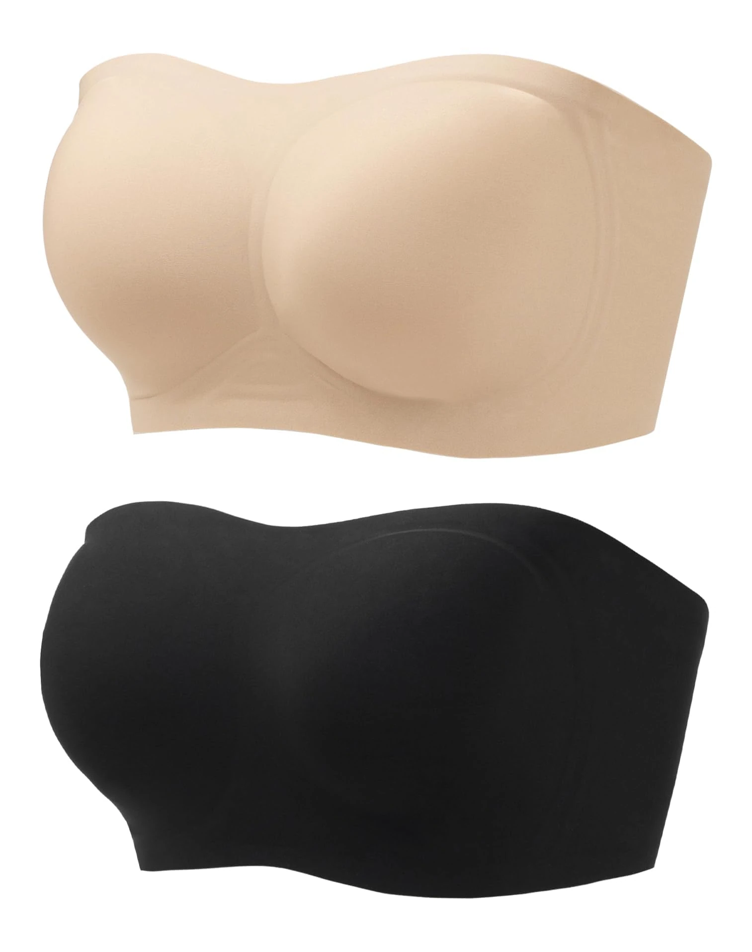 HBselect 2 Pack Women's Wireless Strapless Bras Seamless Bandeau Bra Padded Anti-Slip Tube Bra Sports Yoga Push Up Bralette Black/Beige