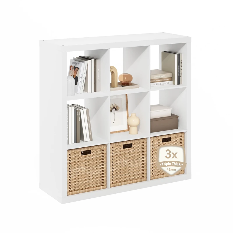 Furinno CUBICLE Book Shelf, 9-Cube Bookshelf, Triple Thick Frame Cube Storage Organizer Bookcase, 15.3 x 43.8 x 43.3, for Living Room, Bedroom, Home Office, White