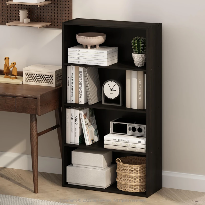 Furinno SIMPLE Book Shelf, 4-Tier Bookshelf, Bookcase with Open Shelf, 9.4 x 23.6 x 41.7, for Living Room, Bedroom, Home Office, Espresso