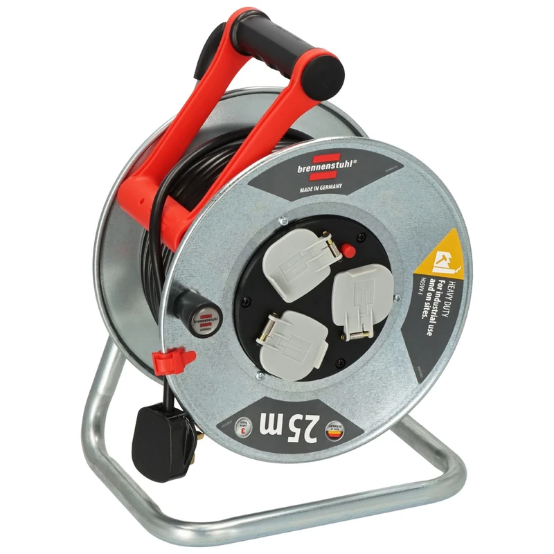 Brennenstuhl Garant Cable Reel 25m (Made in Germany, Extension Lead with 3 sockets and Thermal Cut-Out Protection, Rust-Proof Steel Reel Body, Ergonomic Handle)