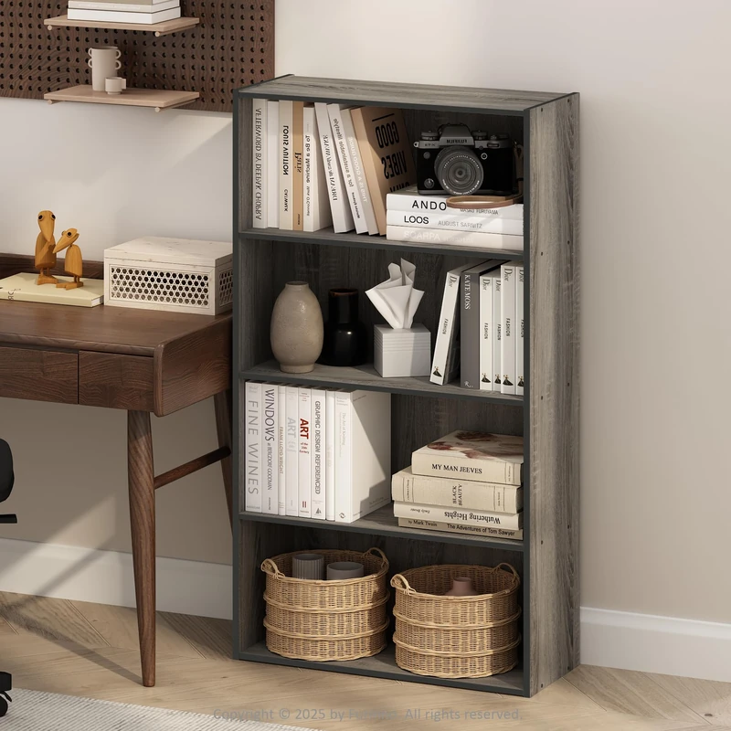 Furinno SIMPLE Book Shelf, 4-Tier Bookshelf, Bookcase with Open Shelf, 9.4 x 23.6 x 41.7, for Living Room, Bedroom, Home Office, French Oak