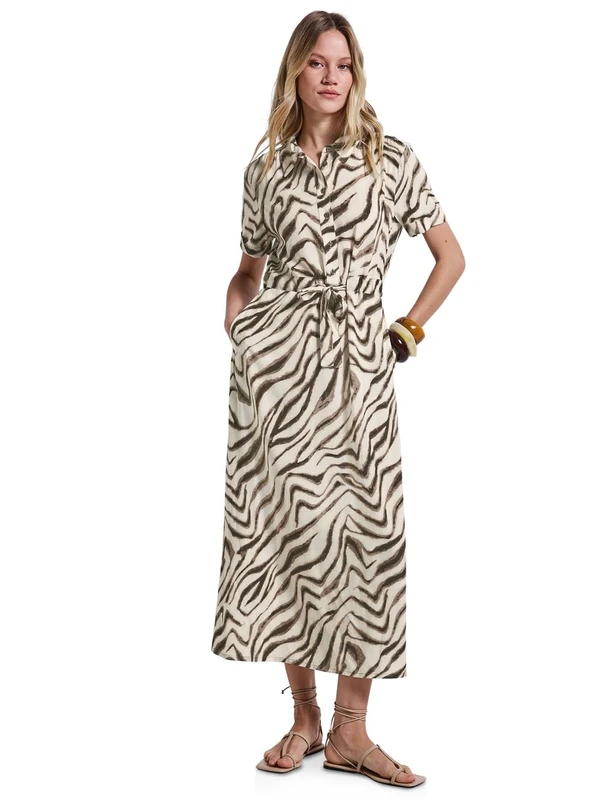 STREET ONE Women's A144565 Patterned Blouse Dress, Tumbled Beige, 8