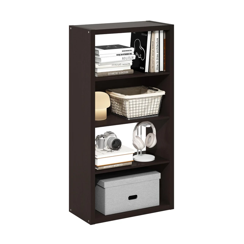 Furinno VIOLA Book Shelf, 4-Tier Bookshelf, Bookcase with Open Shelf, 11.3 x 23.2 x 45.4, for Living Room, Bedroom, Home Office, Dark Oak