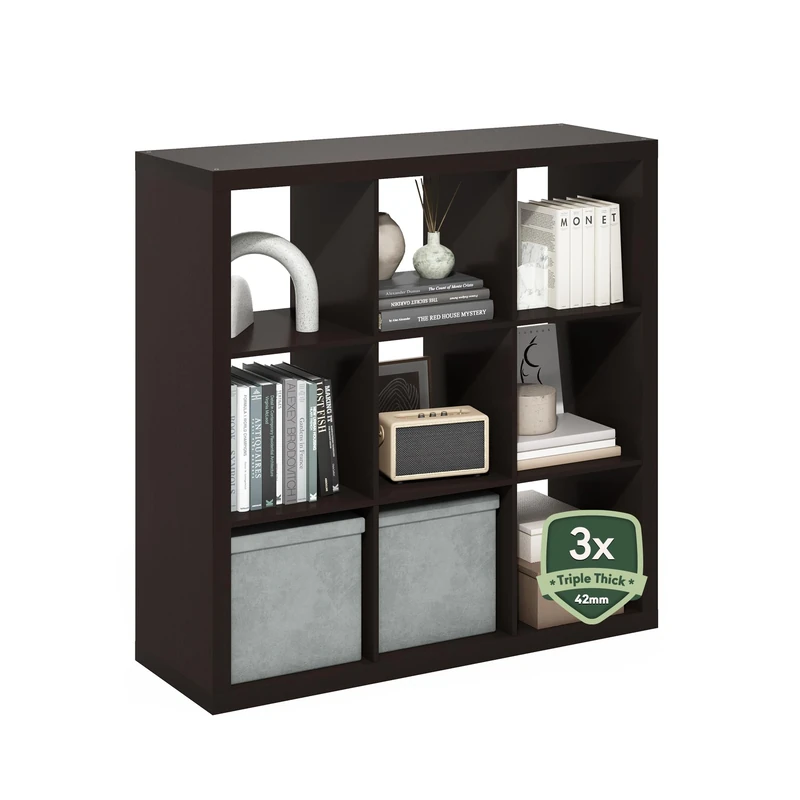 Furinno CUBICLE Book Shelf, 9-Cube Bookshelf, Triple Thick Frame Cube Storage Organizer Bookcase, 15.3 x 43.8 x 43.3, for Living Room, Bedroom, Home Office, Dark Oak