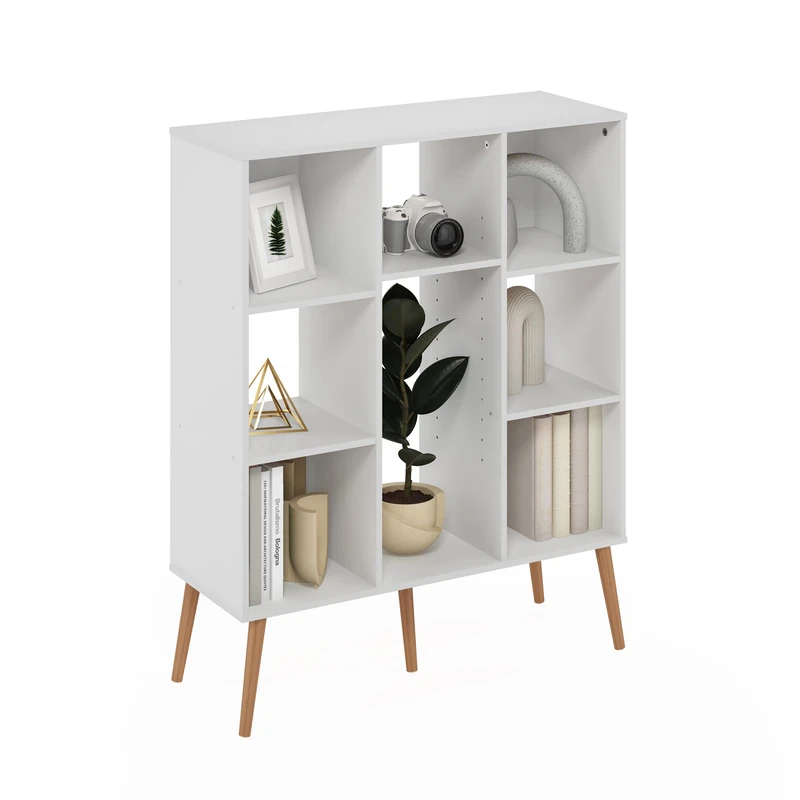 Furinno Claude Mid Century Style 8-Cube Bookcase, Bookshelf, Storage Organizer with Wood Legs, White