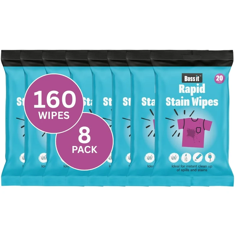 Boss it Rapid Stain Remover Wipes (8 x Packs of 20), Instant Stain Remover for Clothes, Carpets & Upholstery, Biodegradable & Plastic-Free - Boss it Laundry Wipes