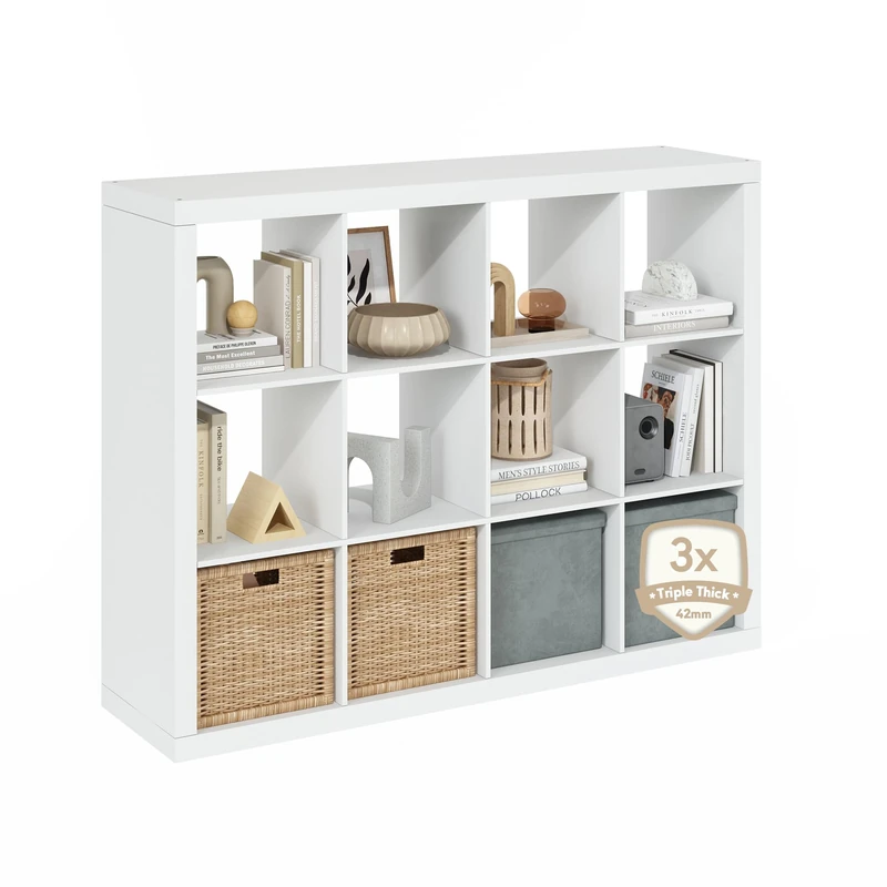 Furinno CUBICLE Book Shelf, 12-Cube Bookshelf, Triple Thick Frame Cube Storage Organizer Bookcase, 15.3 x 57.4 x 43.3, for Living Room, Bedroom, Home Office, White
