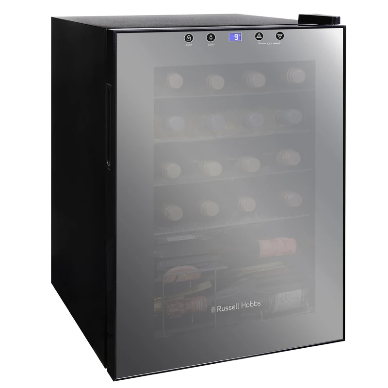 Russell Hobbs 20 Bottle 62L Mirrored Door Wine Cooler Freestanding Beverage Drinks Fridge, LED Light with Touch Control, Digital Display, Adjustable Shelves, Glass Door RH20WC201MR