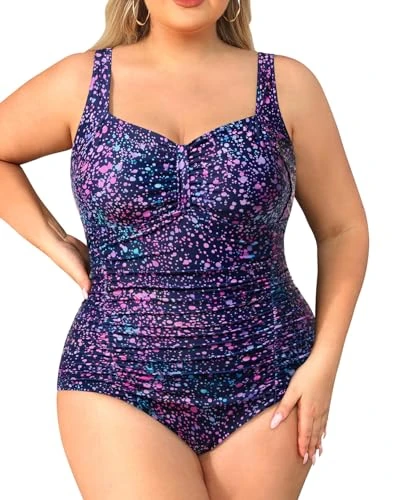 Daci Women Plus Size One Piece Swimsuits - Tummy Control Retro Ruched Bathing Suits Vintage Swimwear, Starry Sky, XL