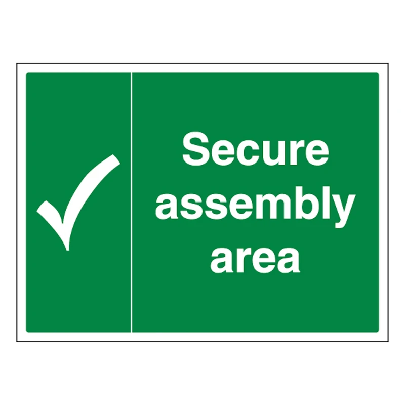 V Safety Secure Assembly Area with Tick 600 x 450 mm - Glow In The Dark Self Adhesive Vinyl Safety Sign