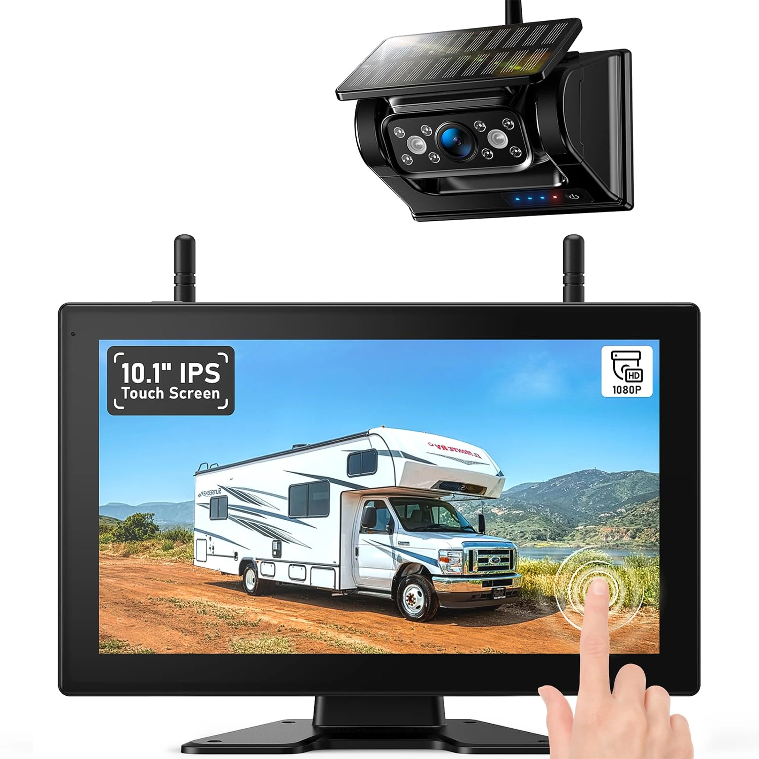 10.1" Magnetic Solar Wireless Backup Camera System, HD1080P Loop Recording 10.1 Inch Touchscreen Monitor with Quad RV Backup Cameras Wireless System for RV Trailer Tractor Truck